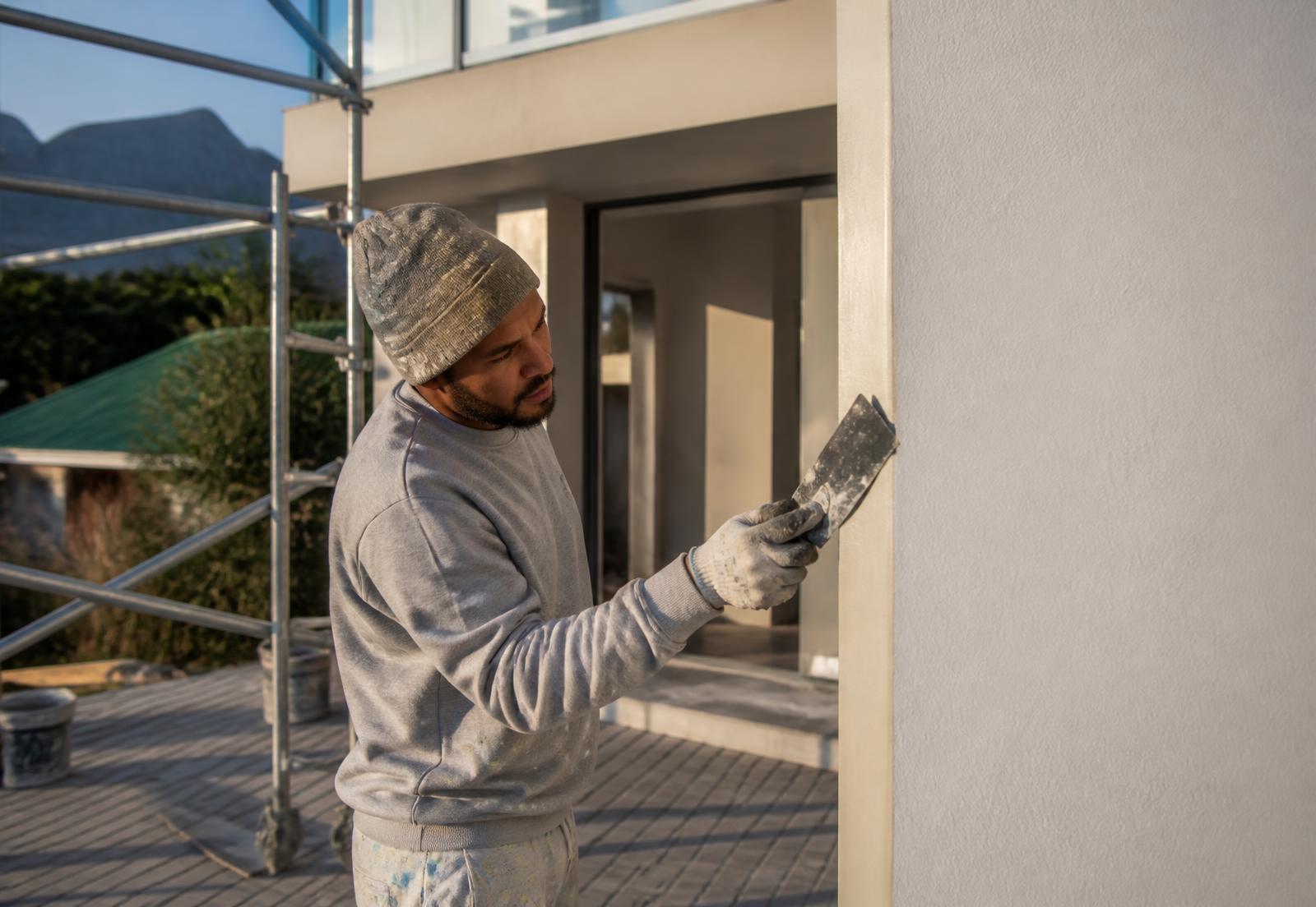 Tradesperson finishing the exterior wall of a renovated Cape Town home