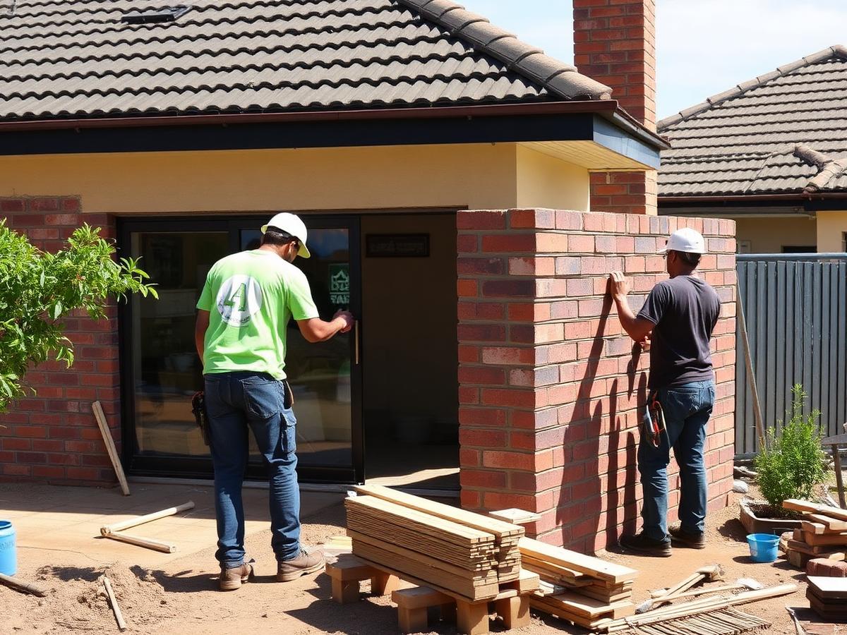Builders laying brickwork on a home extension