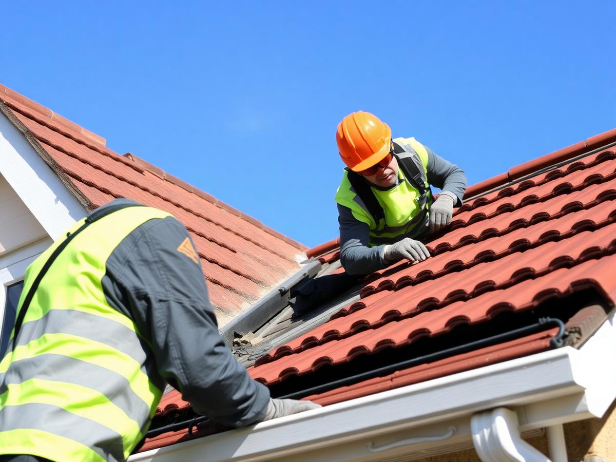 Roofers repairing tiles on a residential roof
