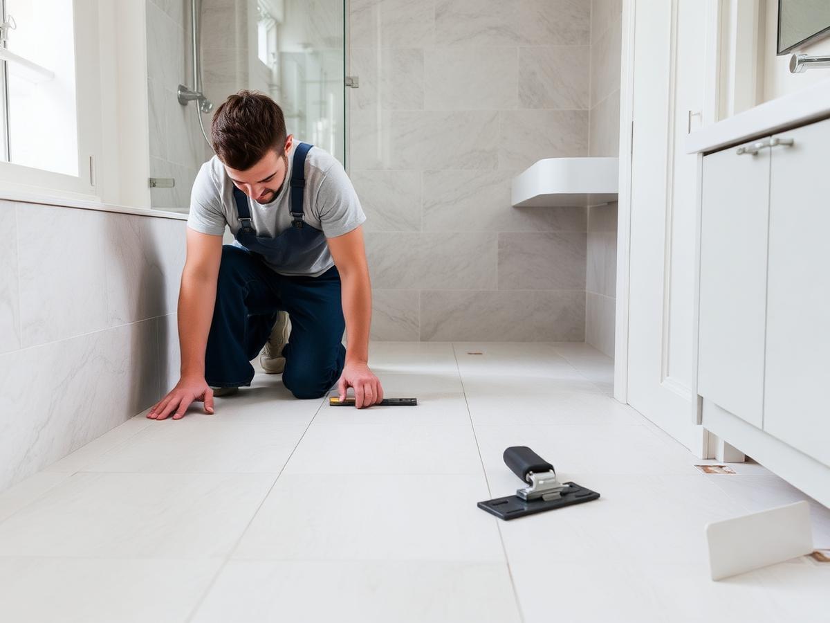 Tiler laying large floor tiles in a bathroom renovation